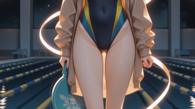 夜のプールサイドで光の輪が舞う競泳水着のAIイラスト｜Night Pool Swimsuit Anime Art