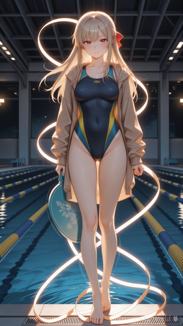 anime girl in competitive swimsuit standing by an indoor night pool, glowing light ribbons, soft ambient lighting, dreamy anime wallpaper