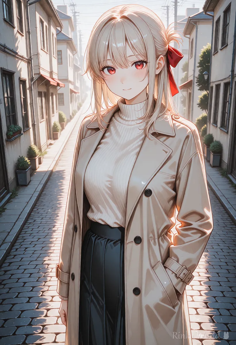 Anime girl on a stone street stretching far into the distance, a composition with clear depth