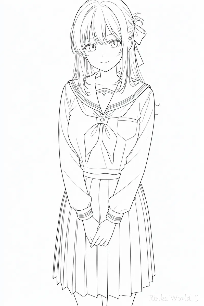 Black and white line drawing of an anime girl, the kind of line art used with lineart