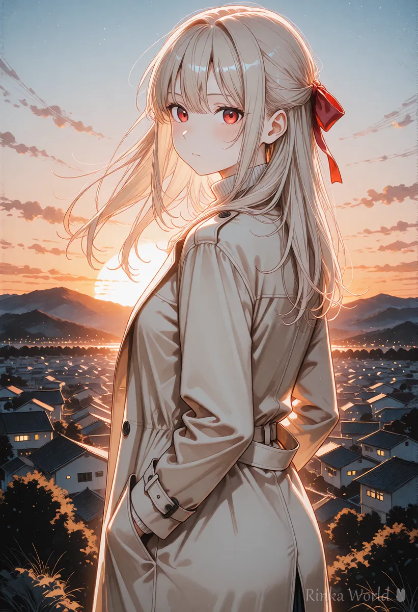 夕日の逆光の中で肩ごしにふり返る女の子のかっこいいアニメイラスト