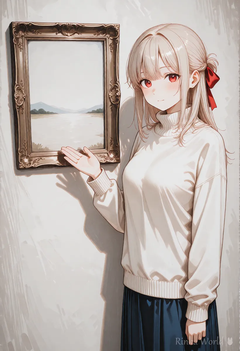 壁の額縁を手で示すニット姿の女の子のアニメイラスト　作品にクレジットを添えるイメージ