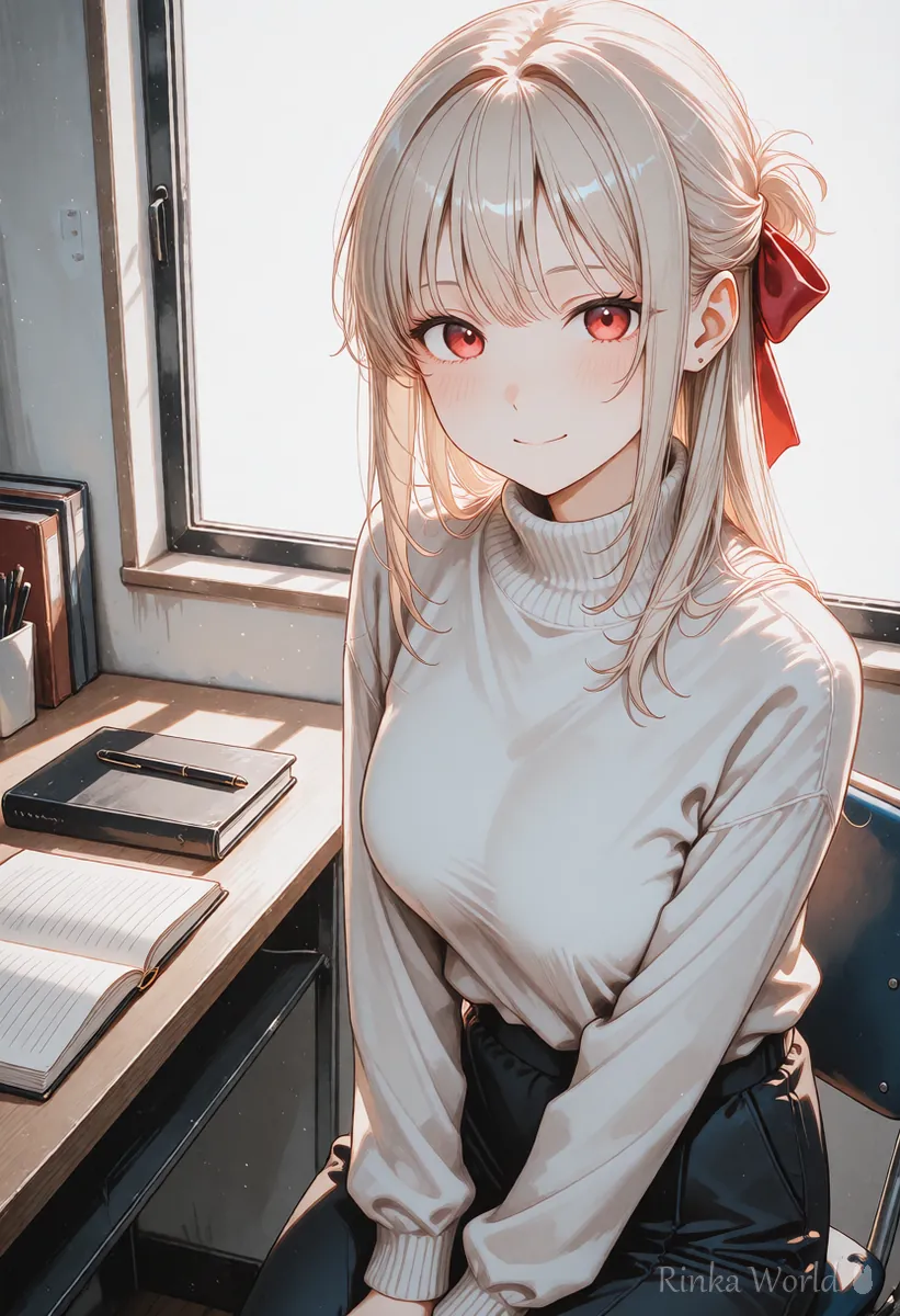 机で閉じたノートとペンのそばでほほえむ女の子のアニメイラスト　クレジットの内容を整理するイメージ