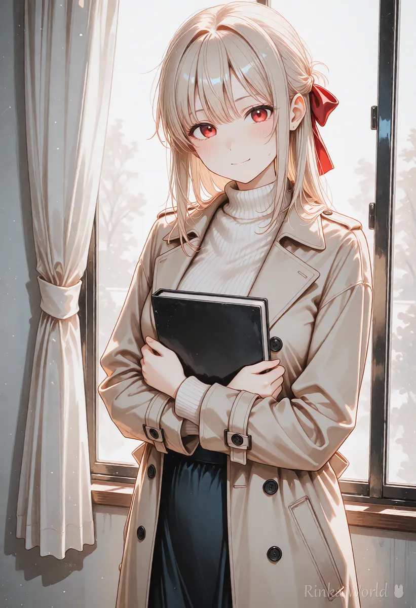 窓辺で閉じたスケッチブックを胸に抱えるコート姿の女の子のアニメイラスト　加筆の有無を伝えるイメージ