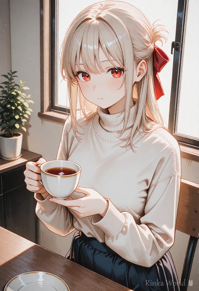 机でお茶を飲んで一息つく女の子のアニメイラスト　エラーが出た時に落ち着いて設定を見直すイメージ