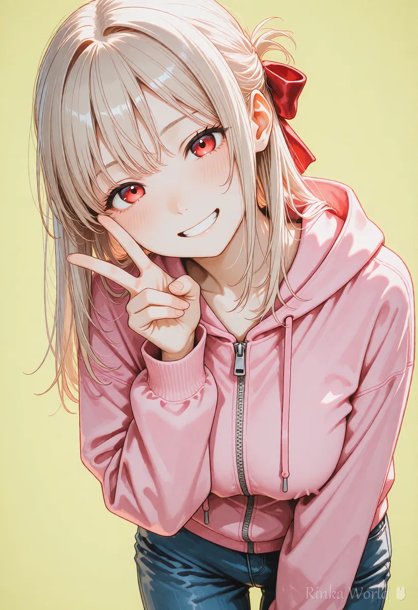 首をかしげてピースサインをする元気な女の子のアニメイラスト