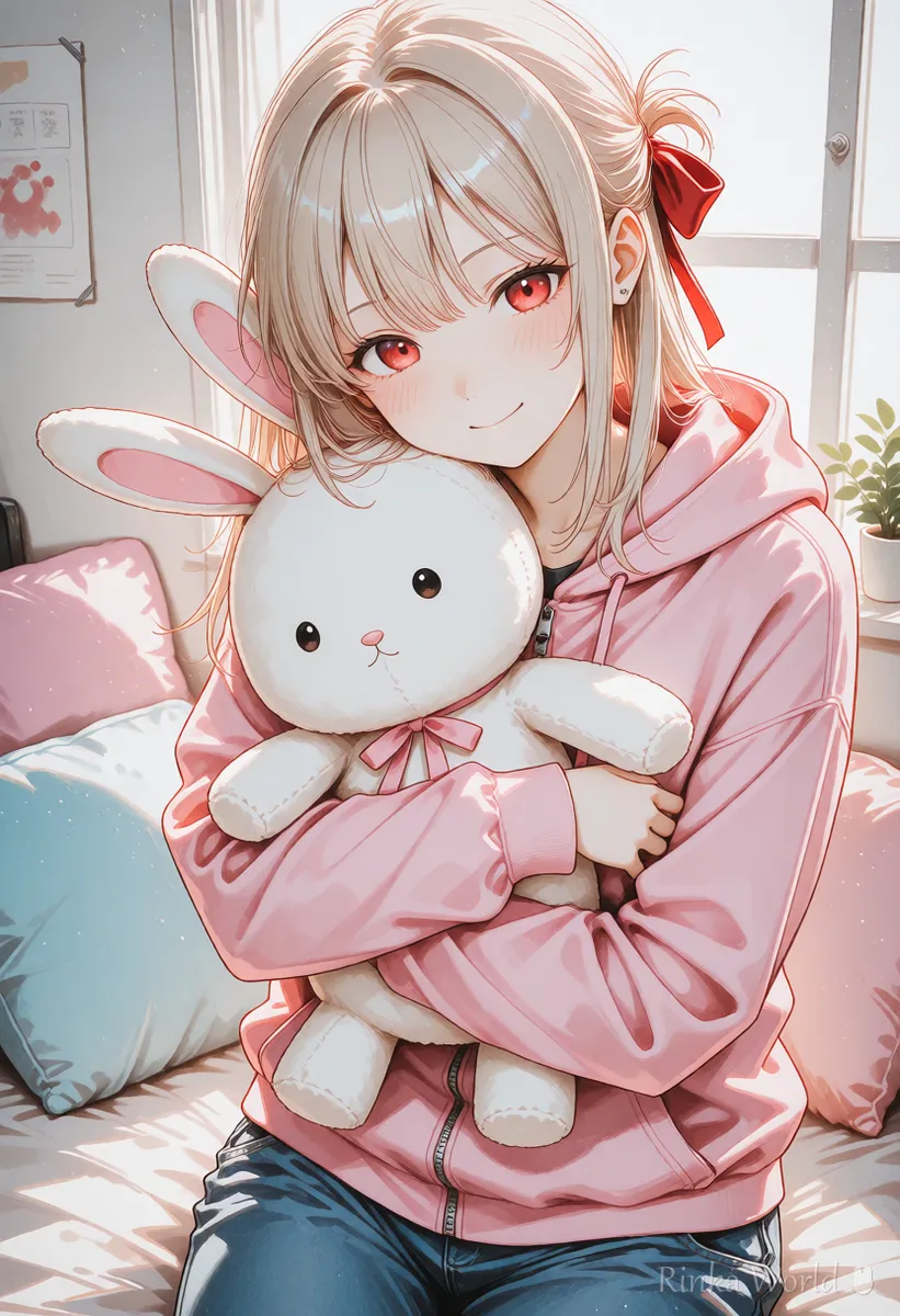 大きなうさぎのぬいぐるみを両腕で抱きしめる女の子のアニメイラスト