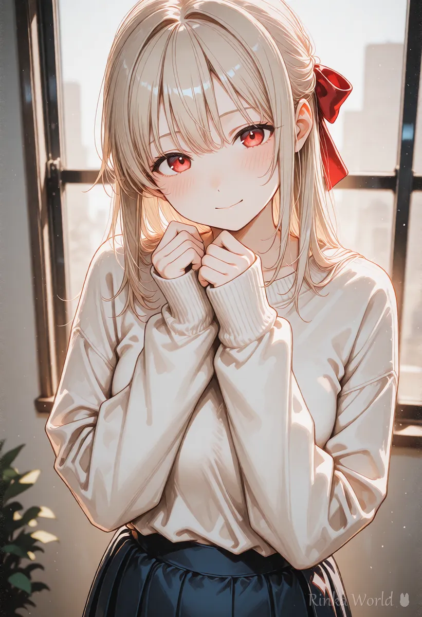 長い袖で手が隠れた萌え袖で照れる女の子のアニメイラスト　かわいいポーズの例