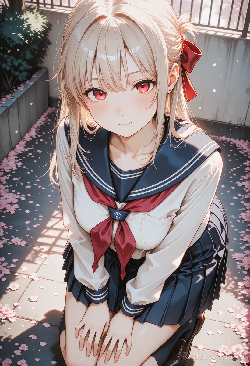 しゃがんでこちらを見上げる女の子のアニメイラスト　上目づかいのかわいいポーズ