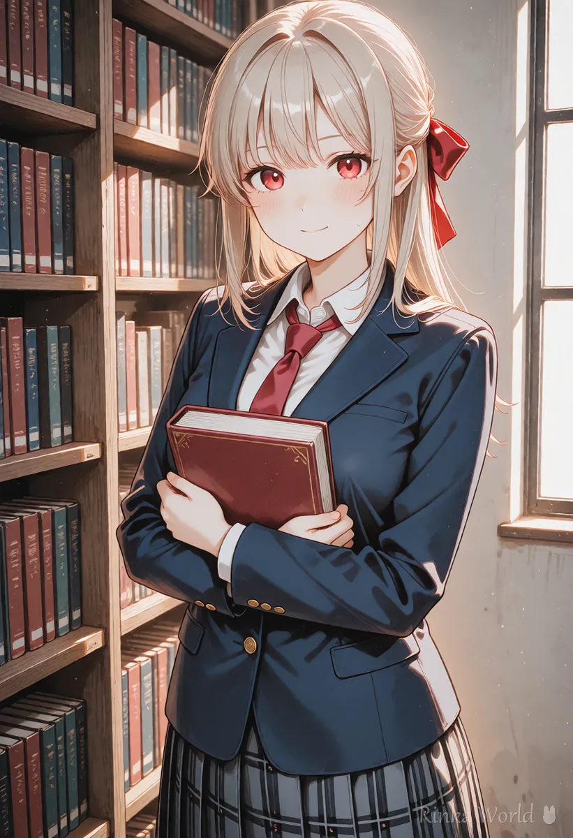 本棚の前で厚い本を両腕で抱える制服の女の子のアニメイラスト　英単語を調べるイメージ