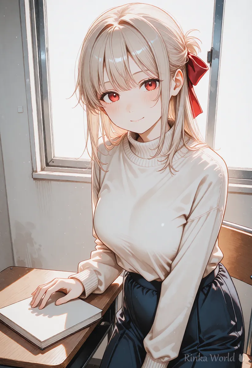 机で閉じたノートに手をそえて笑う女の子のアニメイラスト　プロンプトの英単語を整理するイメージ