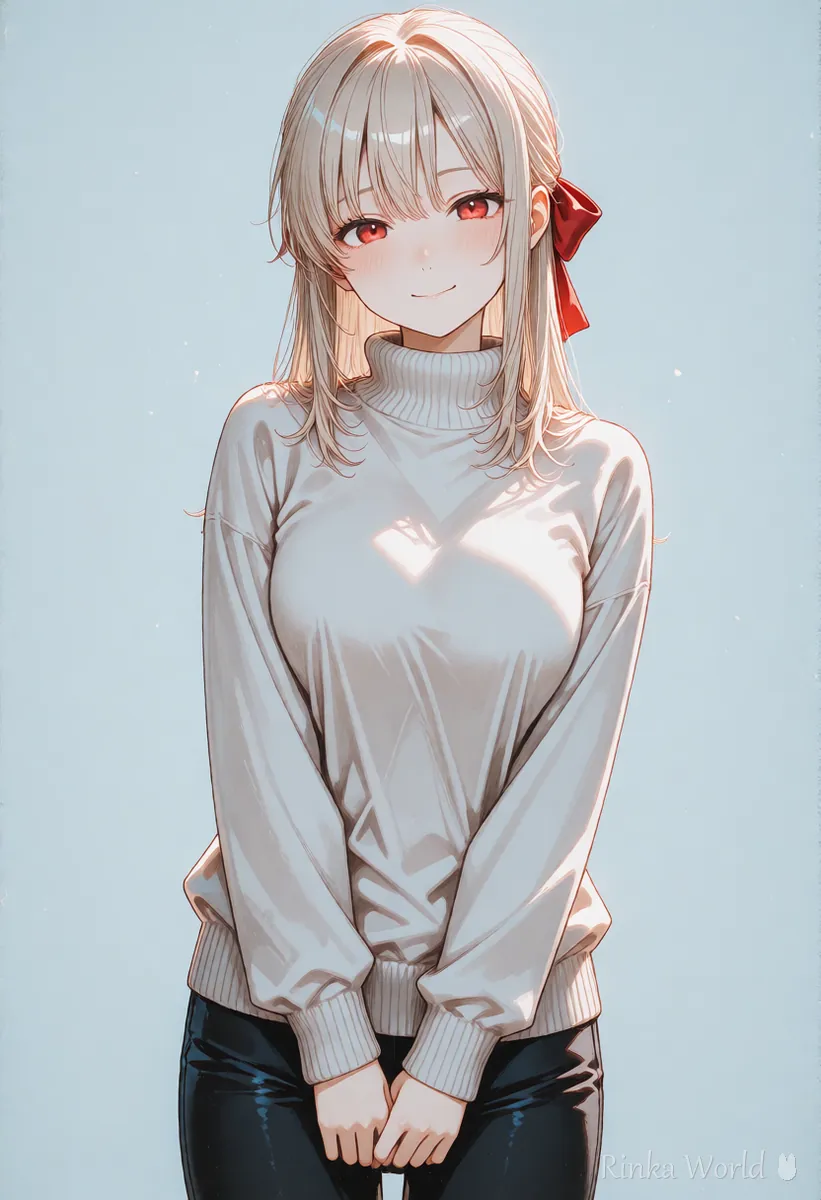 水色の背景でほほえむニット姿の女の子のアニメイラスト　基本の英単語だけで作る1枚のイメージ