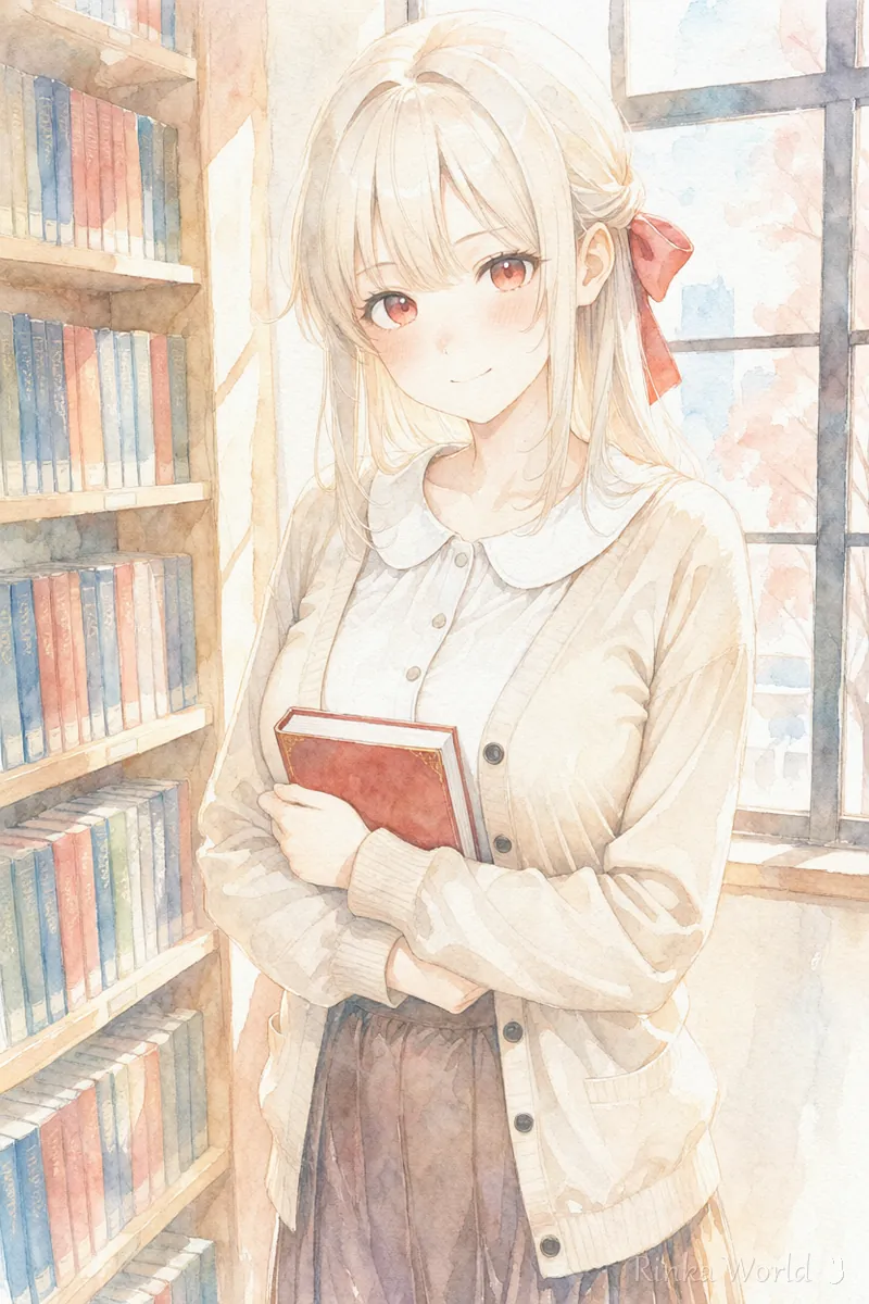 図書館の窓辺で本を抱えてほほえむ赤いリボンの女の子の水彩風イラスト
