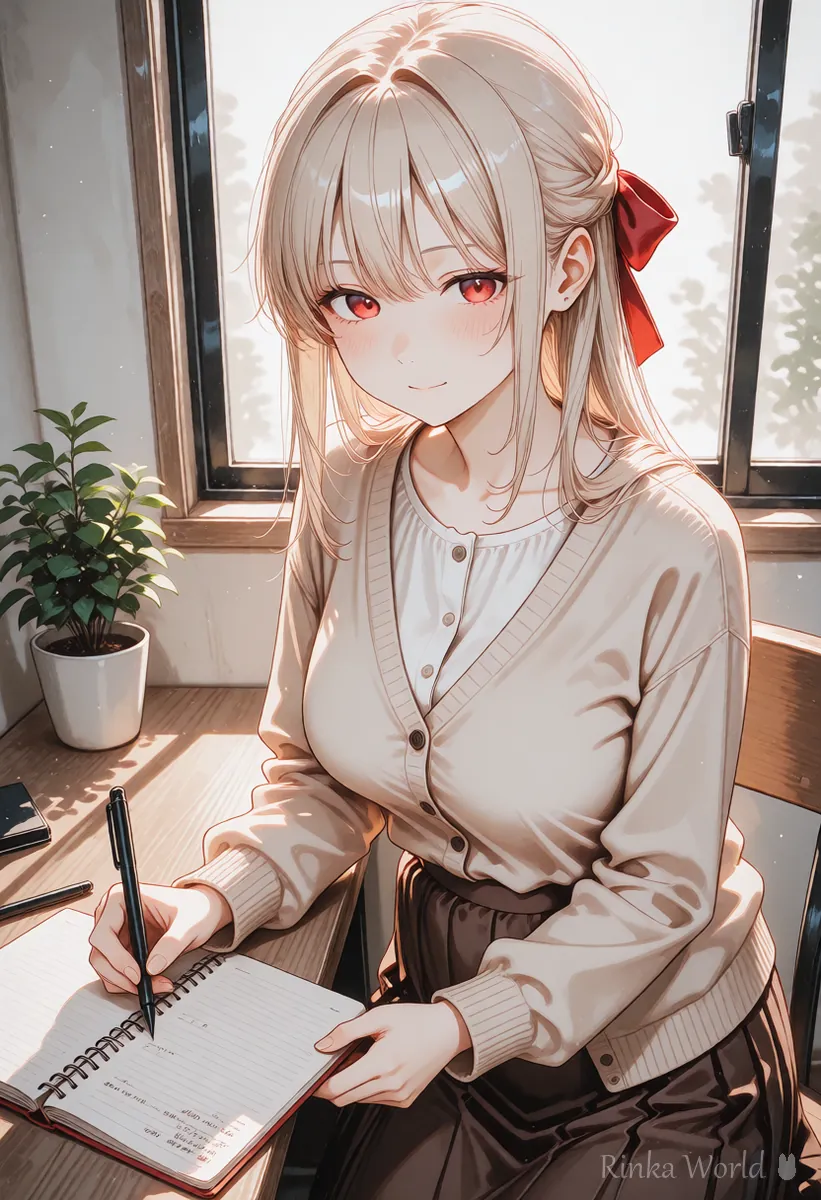 窓辺の机に小さな観葉植物が置かれた部屋の女の子のイラスト　生成塗りつぶしで小物を足すイメージ