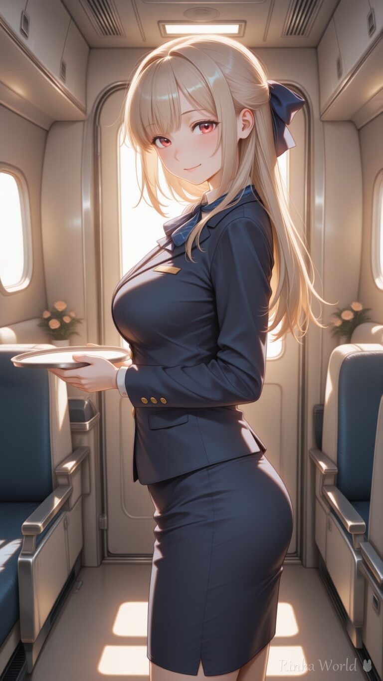 anime girl flight attendant in navy uniform holding tray inside sunlit airplane cabin, aesthetic anime art