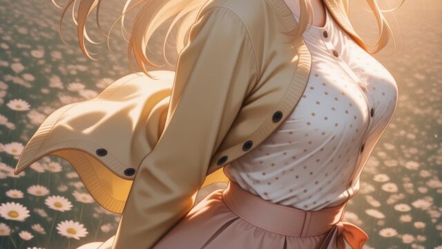 ふんわり可愛い Golden Hour Daisy Field Anime Art｜夕陽そそぐお花畑の黄色カーディガン｜…