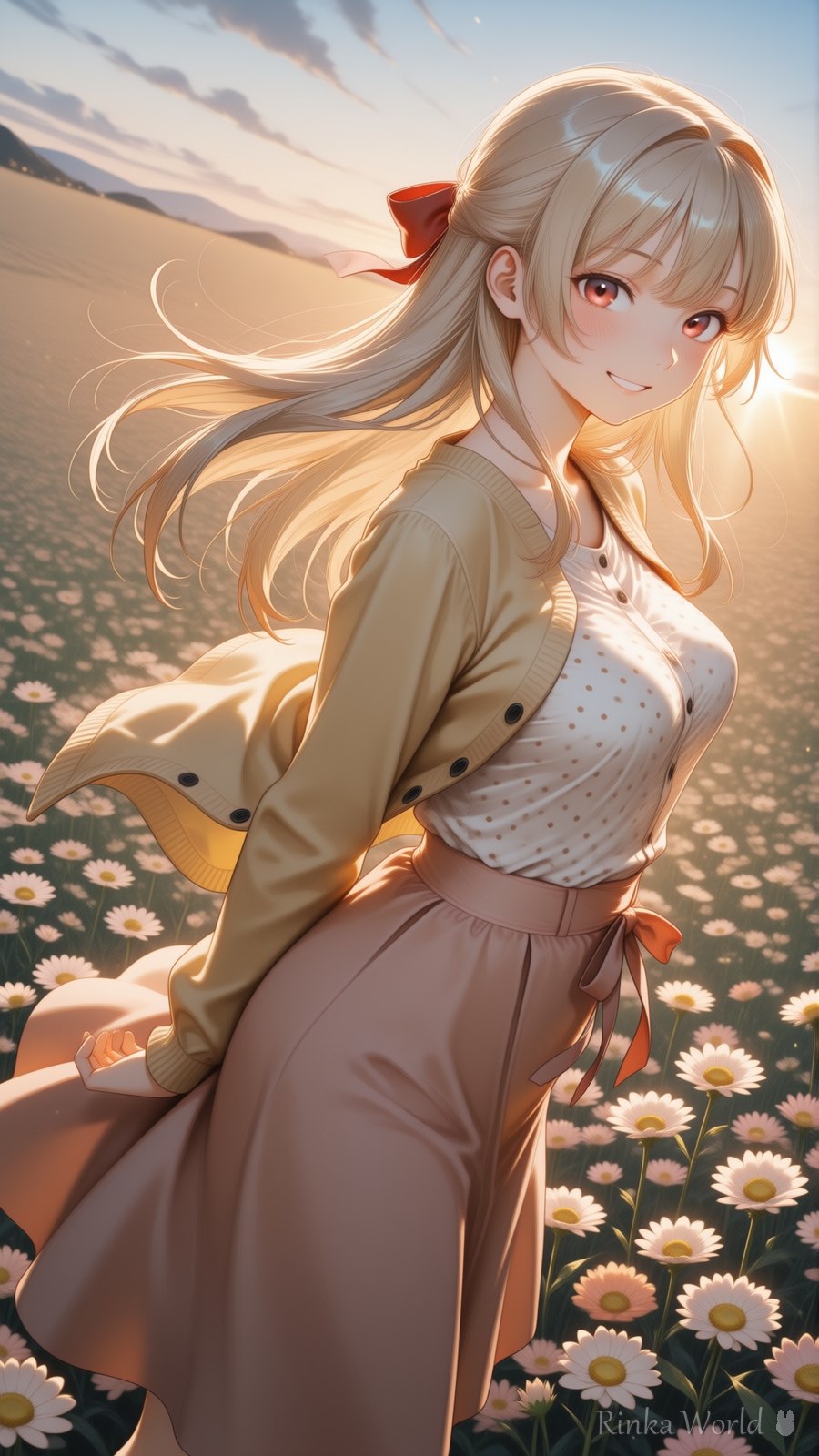 ふんわり可愛い Golden Hour Daisy Field Anime Art｜夕陽そそぐお花畑の黄色カーディガン｜…