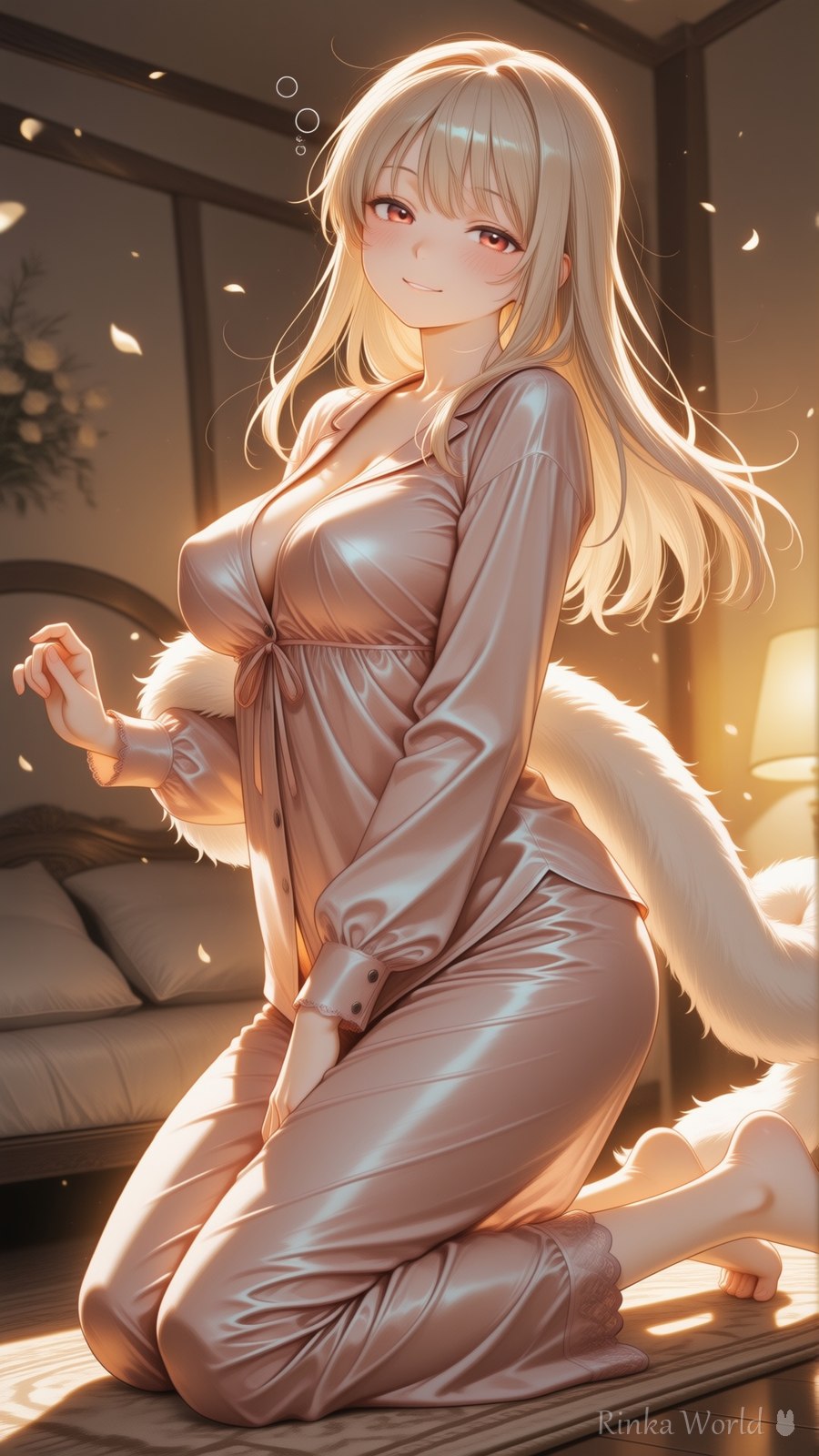 灯りこぼれる寝室で揺れるきつね尻尾とパジャマのAIイラスト|Fluffy Tail Satin Pajama Anime Art