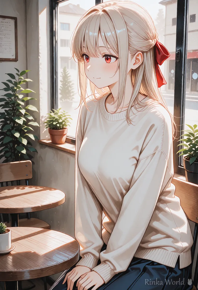 カフェの大きな窓のそばで外を見るアニメの女の子のイラスト（自然な英文のプロンプトの例）