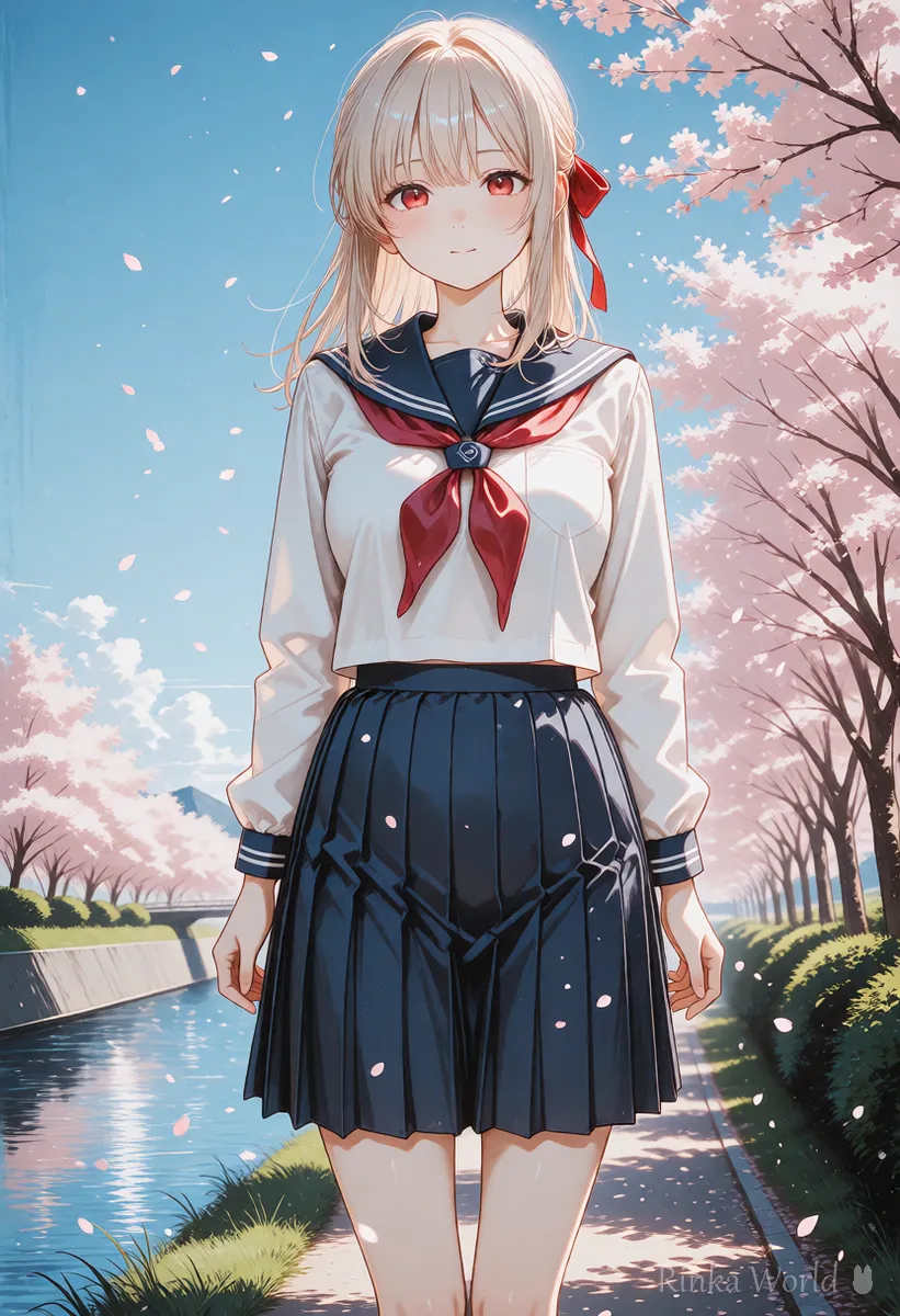 桜並木の川ぞいを歩くセーラー服のアニメの女の子のイラスト（場面を文で書いた例）