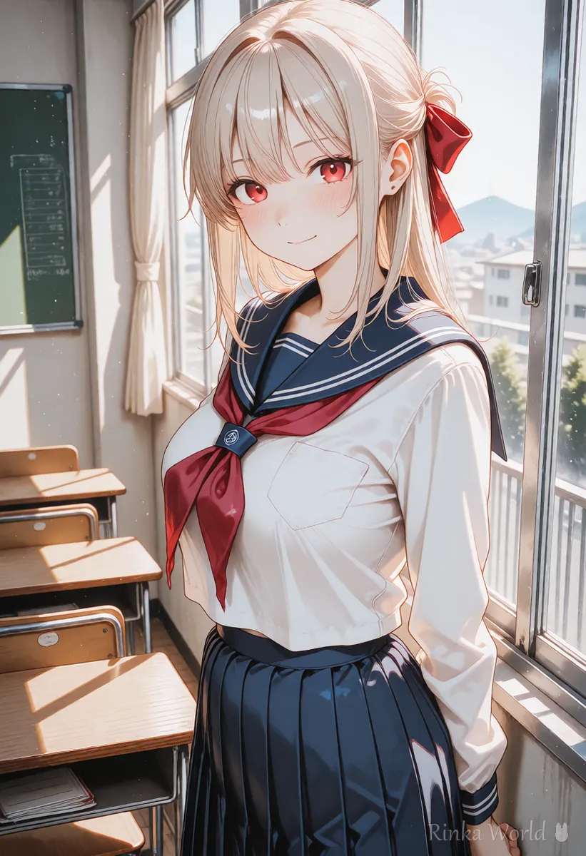教室の窓辺に立つ制服の女の子のアニメイラスト　タグで書くアニメ系の絵の例