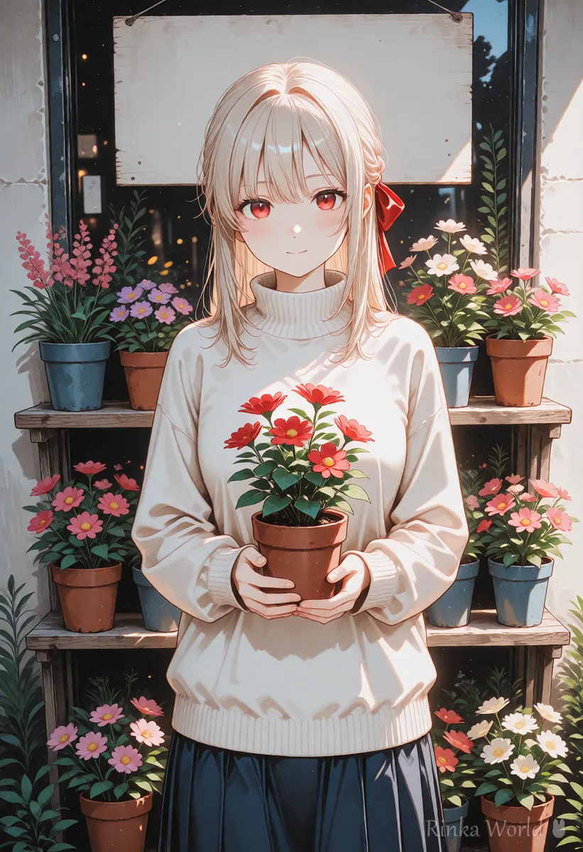 花屋の店先で鉢植えを持つ女の子のイラスト　物の数や配置を文章で指定する例