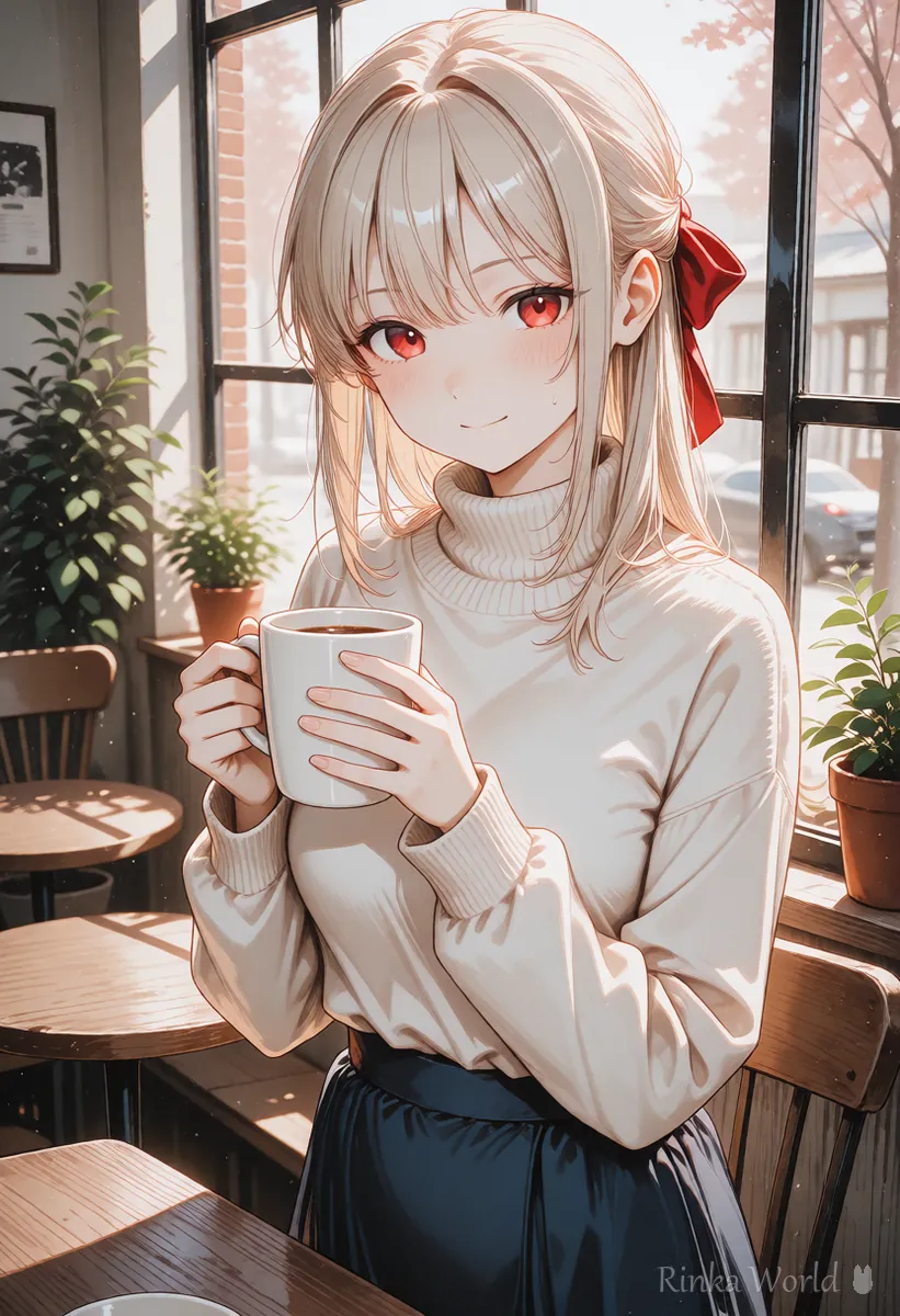 カフェの窓辺でマグカップを両手で持つ女の子のイラスト　FLUXとSDXLの書き方をくらべる場面の例