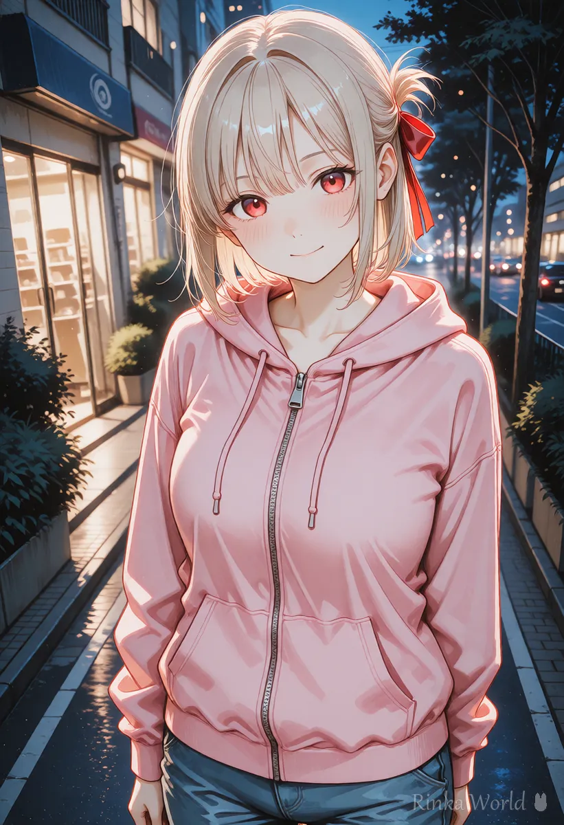 Short-haired anime girl in a hoodie smiling on an evening city street