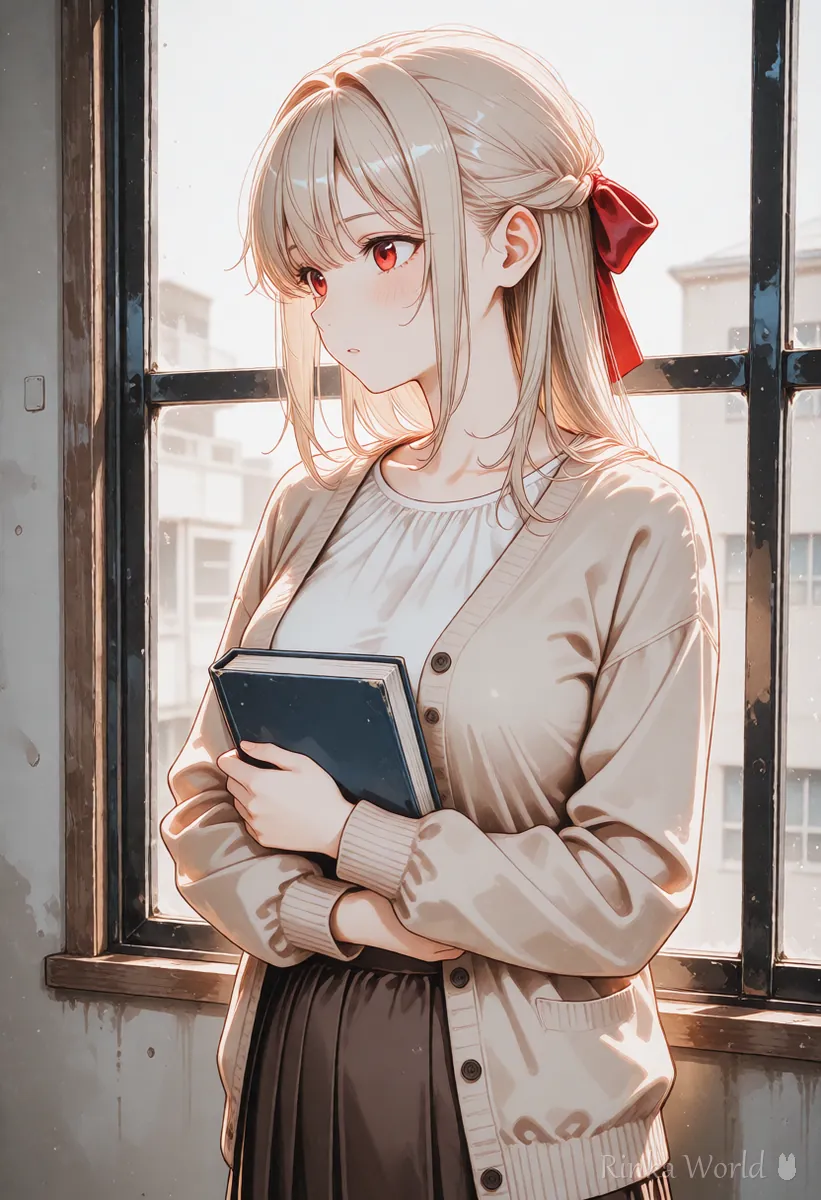 Upper-body anime girl holding a book by a window