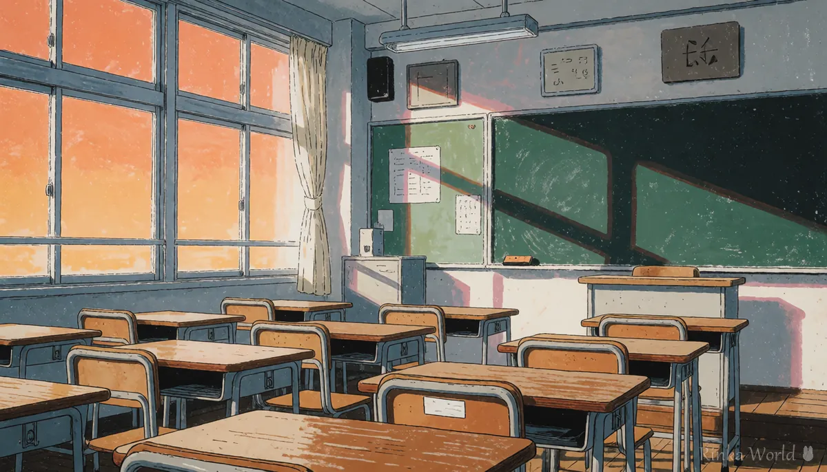 夕焼けのオレンジ色の光に染まる人のいない教室の背景　同じ場所の時間差分