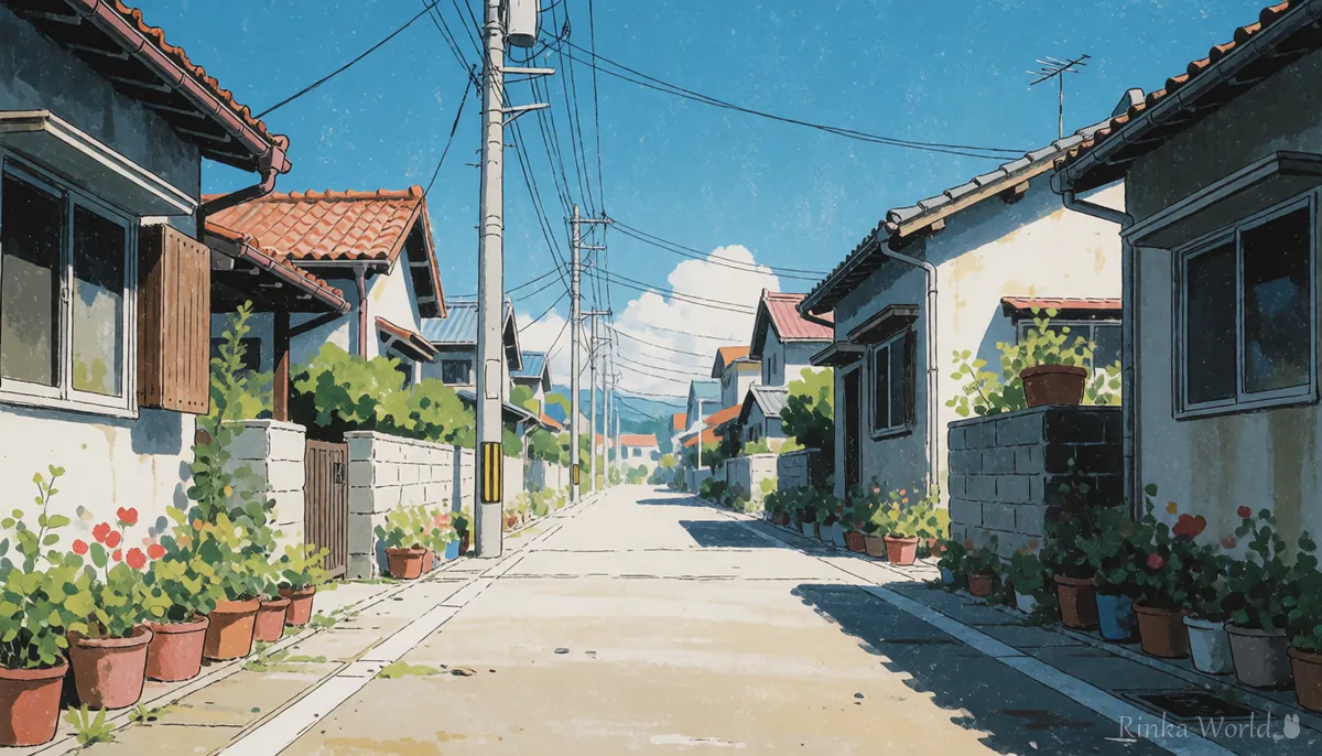 昼の住宅街の通りを描いた人物なしのアニメ背景　RPGやノベルゲームの背景の例