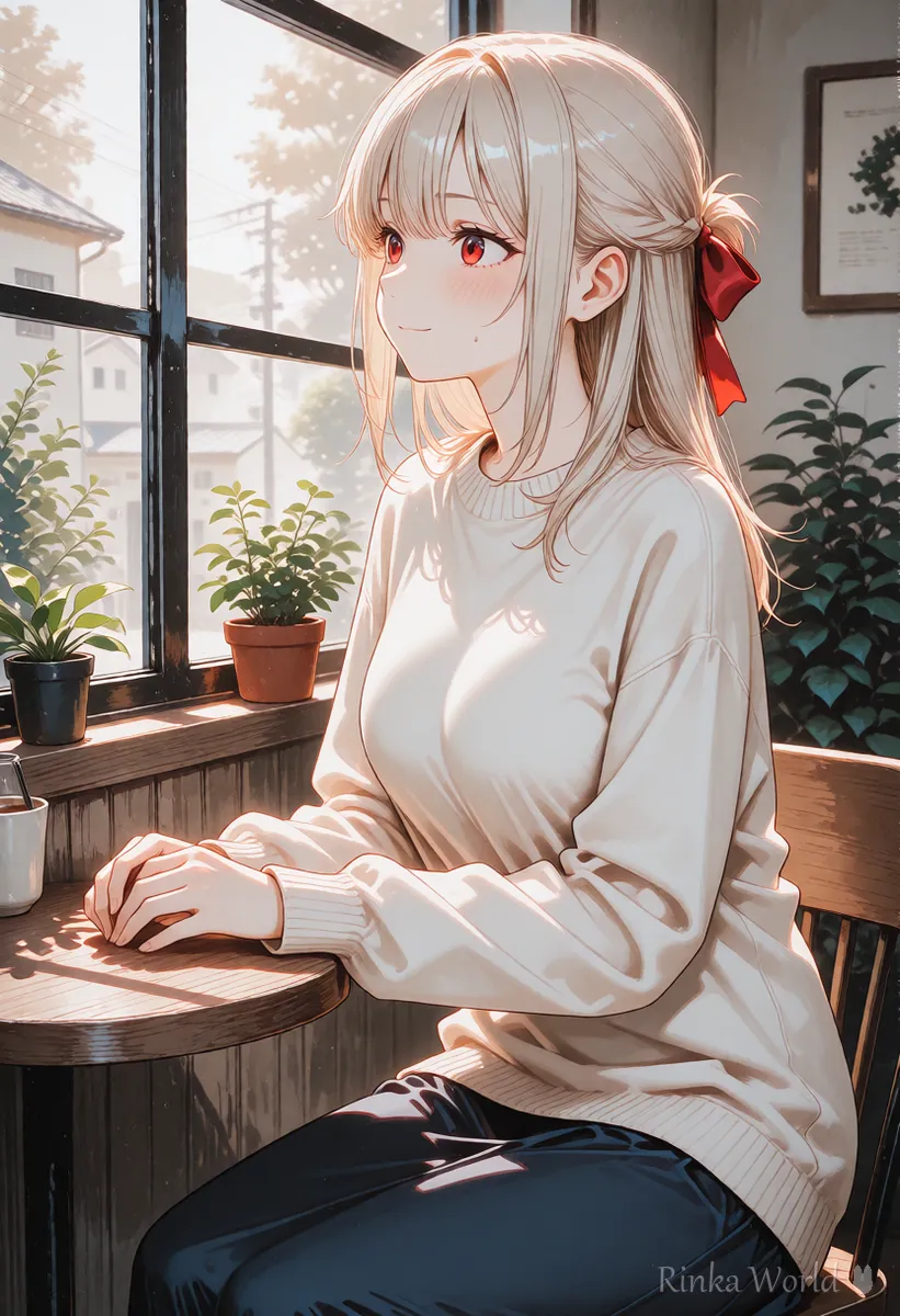 Anime girl with a red ribbon sitting by a cafe window, same character in a new scene