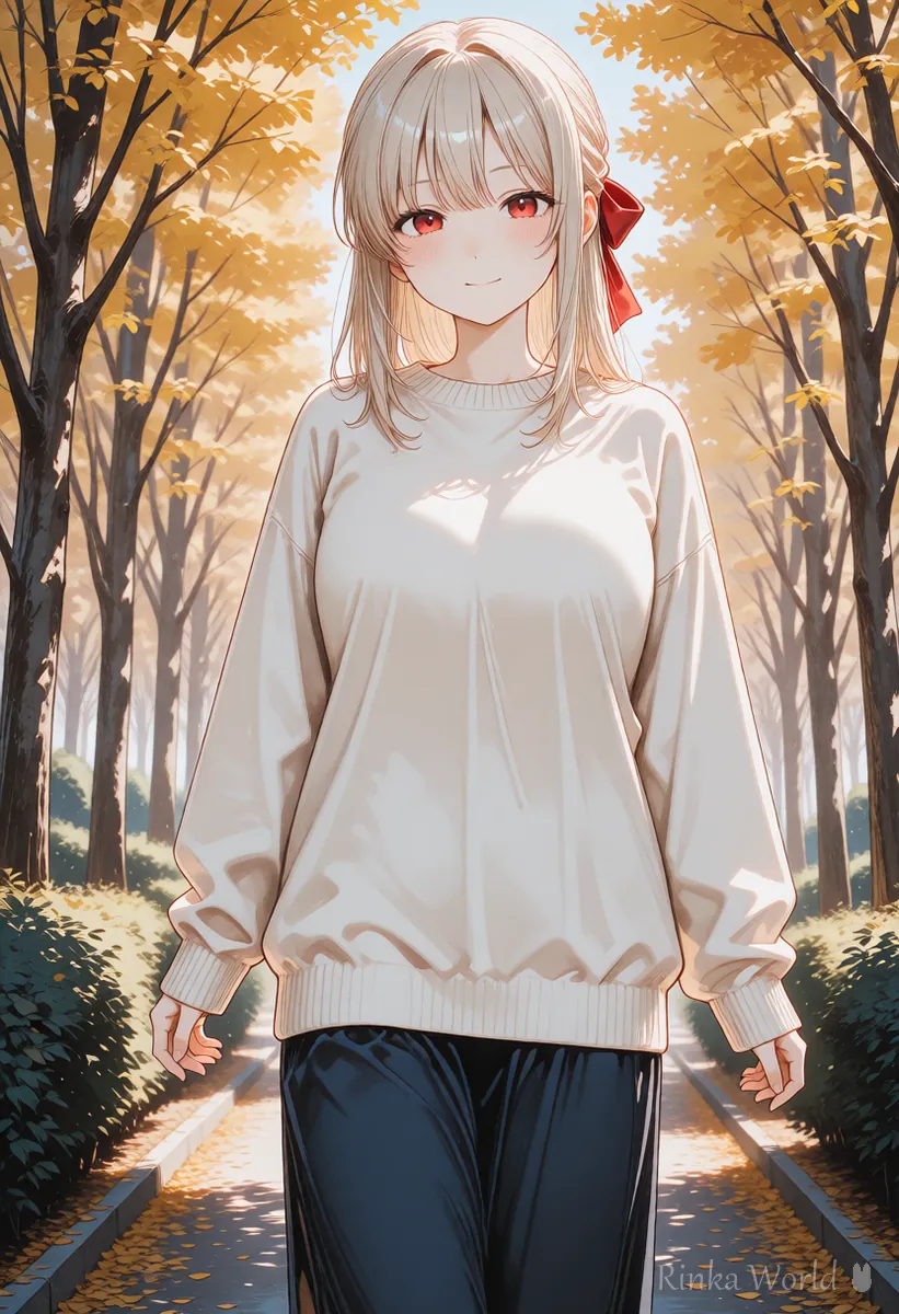 The same anime girl walking along a tree-lined park path