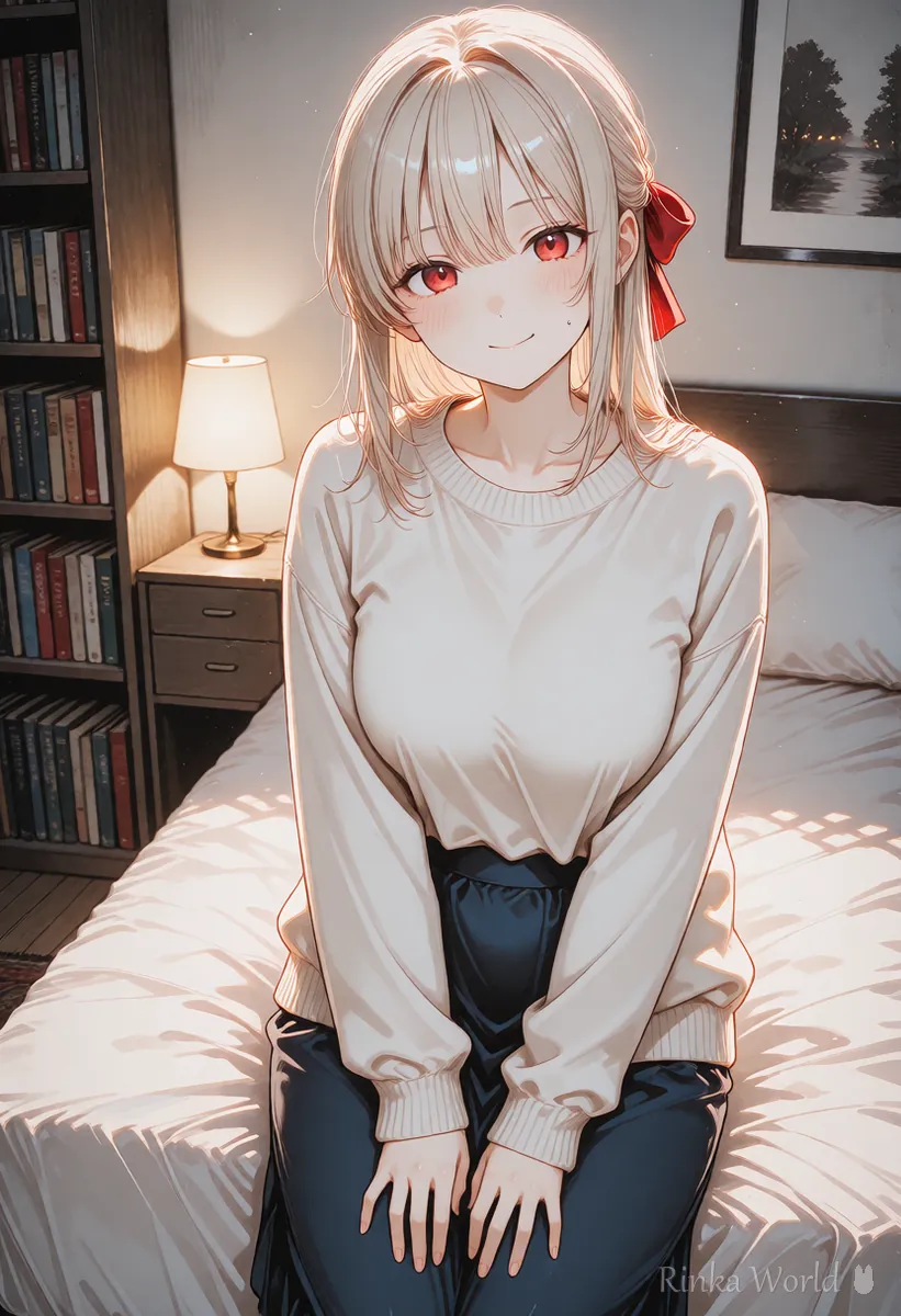 The same anime girl relaxing on a bed in her room