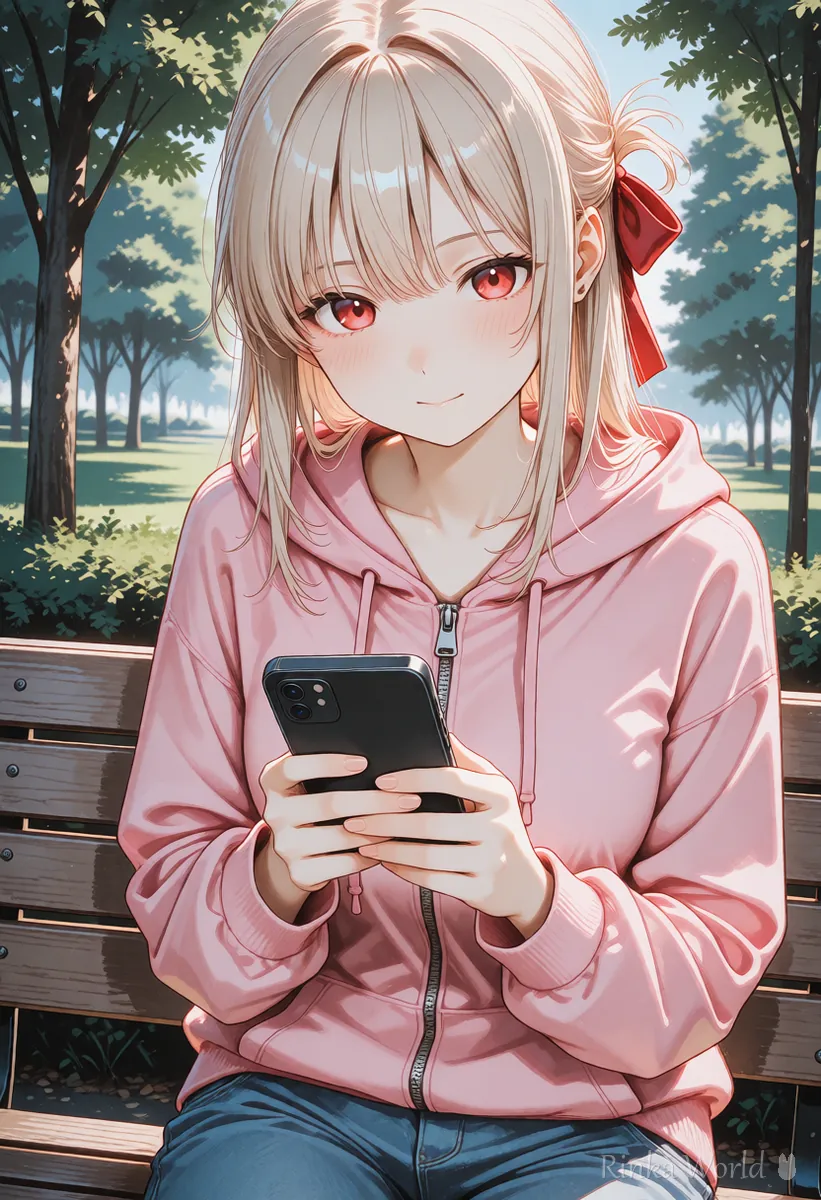 公園のベンチでスマホを持つパーカー姿の女の子のアニメイラスト　投稿前にタグを確認するイメージ