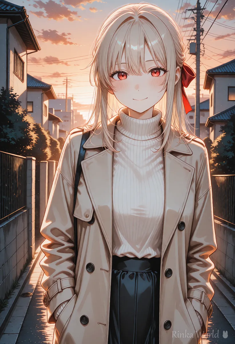 夕方の静かな通りを歩くコート姿の女の子のアニメイラスト　季節の話題のタグにそえる1枚のイメージ