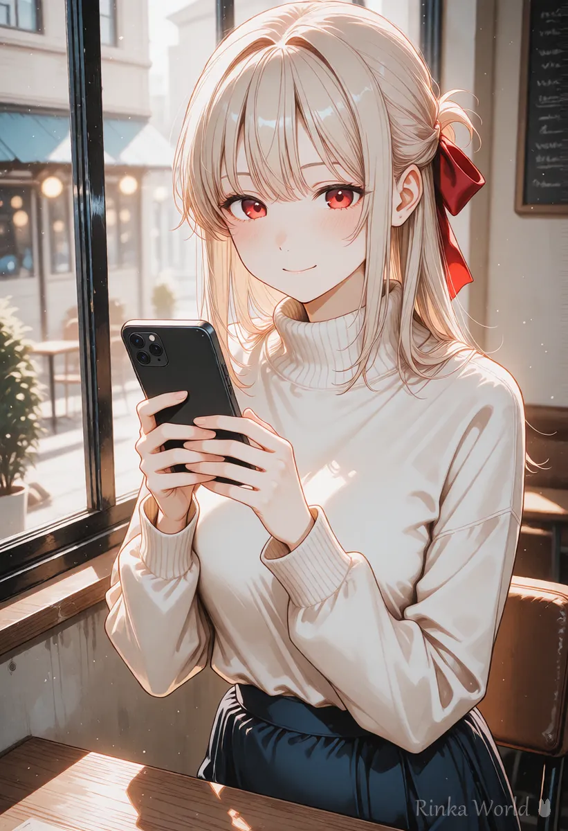 カフェでスマホを持ってほほえむニット姿の女の子のアニメイラスト　ハッシュタグを選んで投稿するイメージ