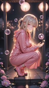 anime girl in pink hoodie dress crouching in a night garden, glowing paper lanterns, soap bubbles, soft warm lighting, dreamy anime wallpaper