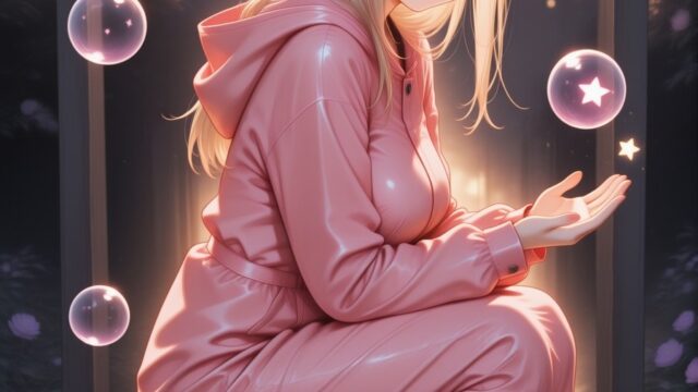 灯籠ゆれる夜の庭で佇むピンクパーカーのAIイラスト｜Lantern Garden Hoodie Anime Art