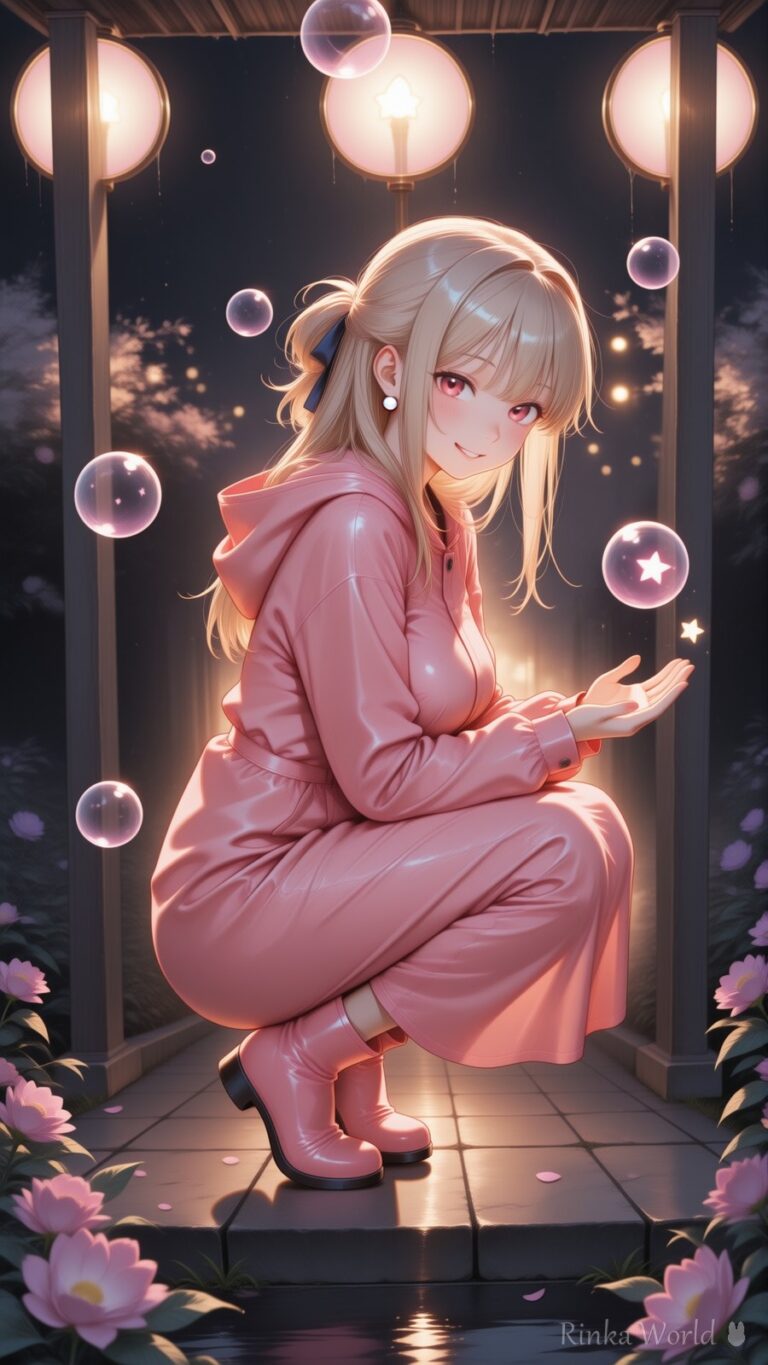 anime girl in pink hoodie dress crouching in a night garden, glowing paper lanterns, soap bubbles, soft warm lighting, dreamy anime wallpaper