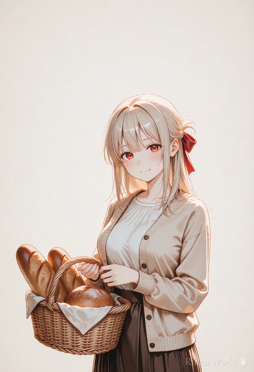 パンのかごを持つ女の子のポスター風イラスト 文字を後から入れる余白のある例