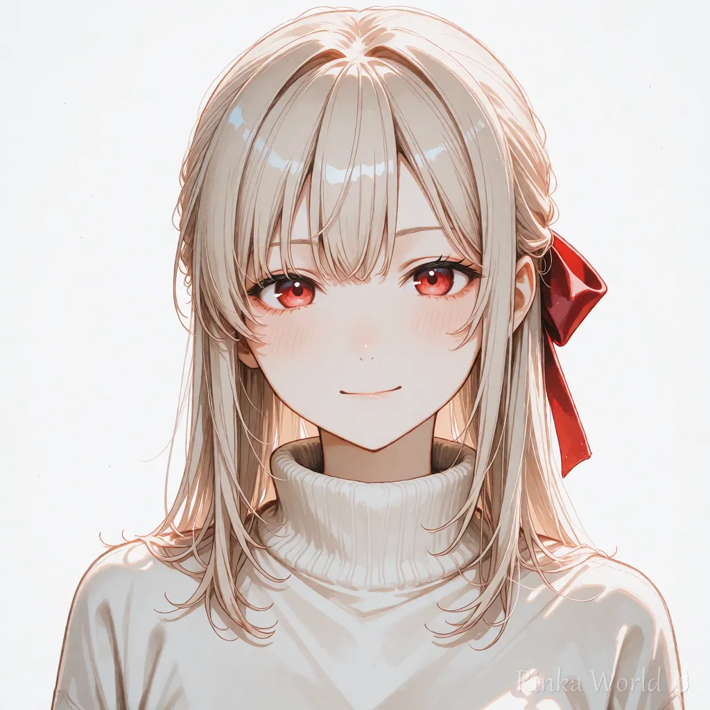 白い背景に赤いリボンの女の子の顔を大きく描いたアイコン風イラスト ロゴやアイコン向けの構図