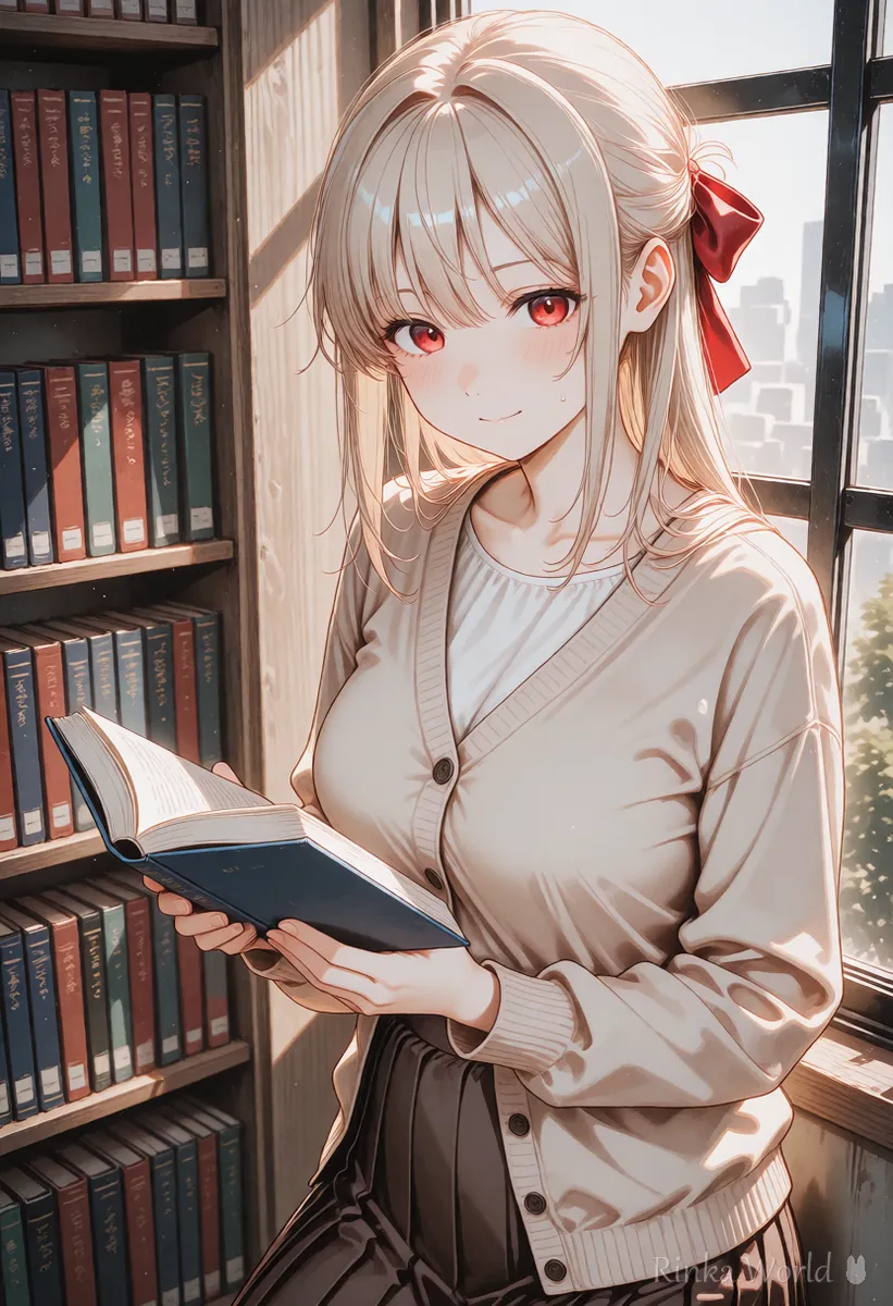 Anime girl reading a book by a library window, an example for reading prompts from an image