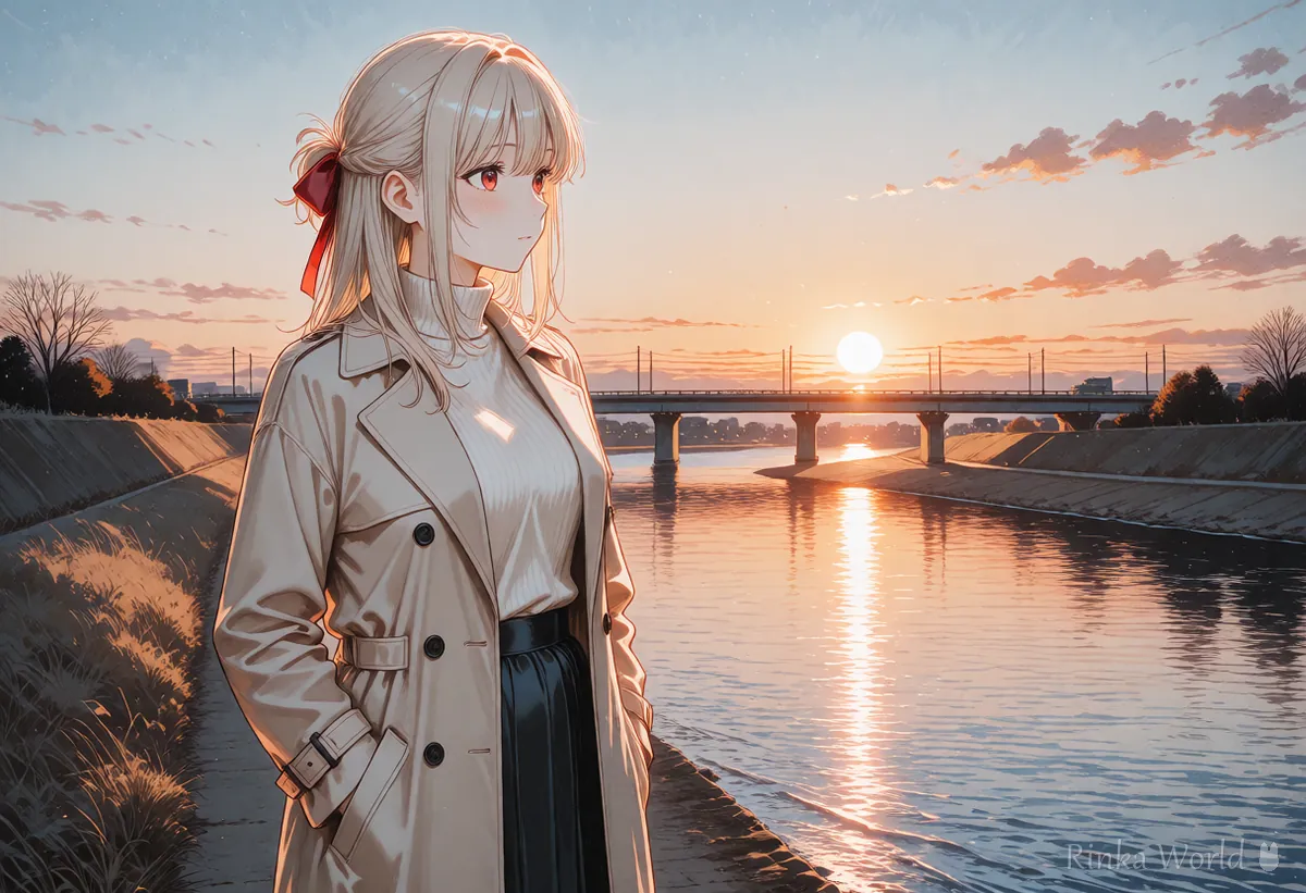 夕焼けの川べりに立つ女の子の横長のアニメイラスト 透かしを端に入れる例