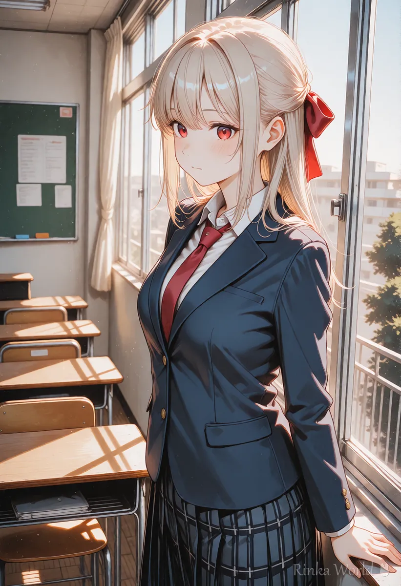 教室の窓辺に立つ制服の女の子、AI動画にしやすい落ち着いた構図