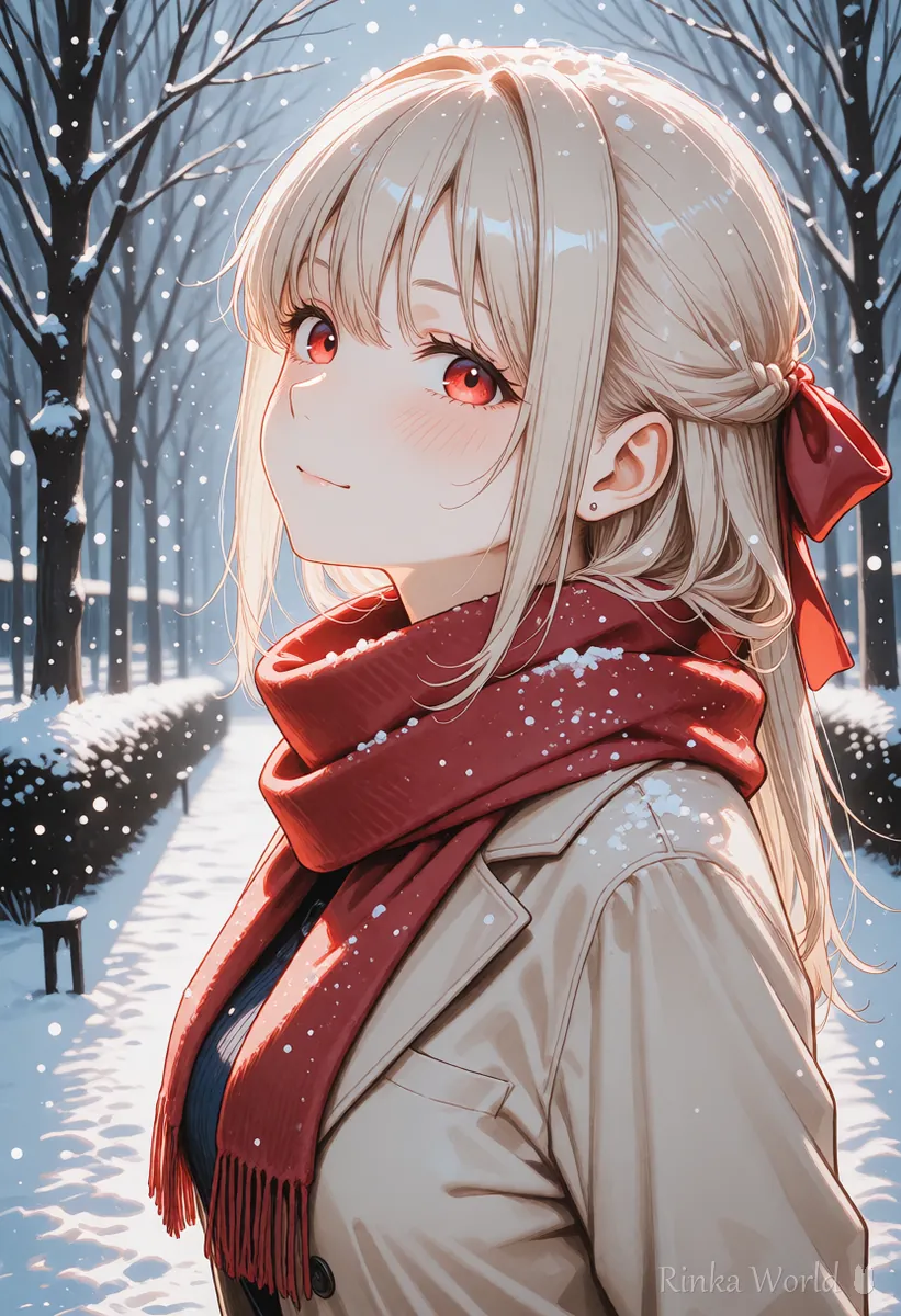 雪の中でマフラーを巻いた女の子のバストアップ、Klingで画像から動画にする絵の例
