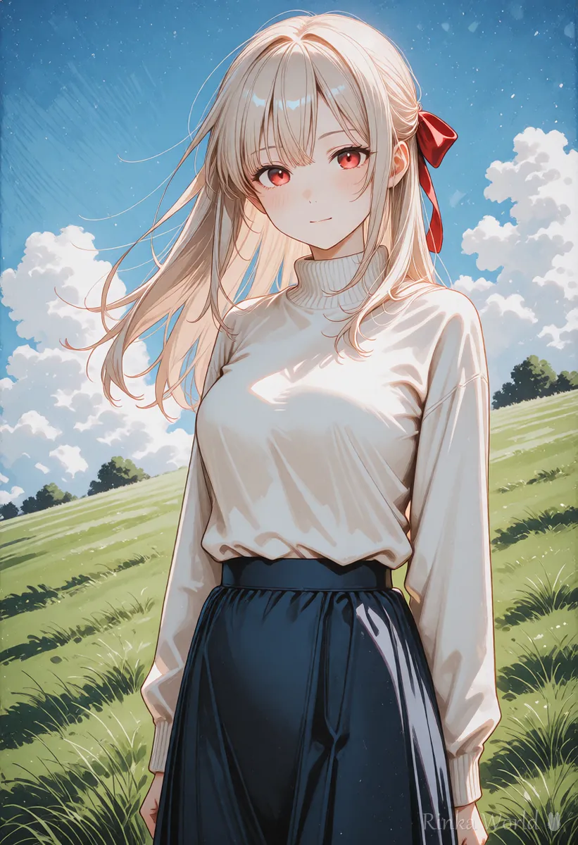 丘の上で風に髪をなびかせる女の子のイラスト　髪の動きをくらべる動画の1コマ目