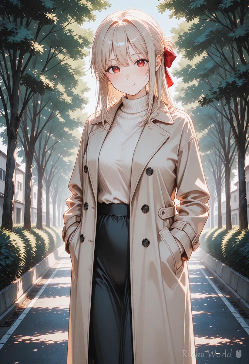 並木道の奥に立つ女の子のイラスト　カメラがゆっくり寄る動画の1コマ目のイメージ