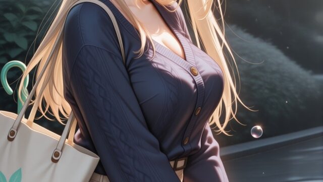 とっておき 木漏れ日のベンチで揺れるシャボン玉、紺ニットコーデのAIイラスト｜トートバッグ シャボン玉