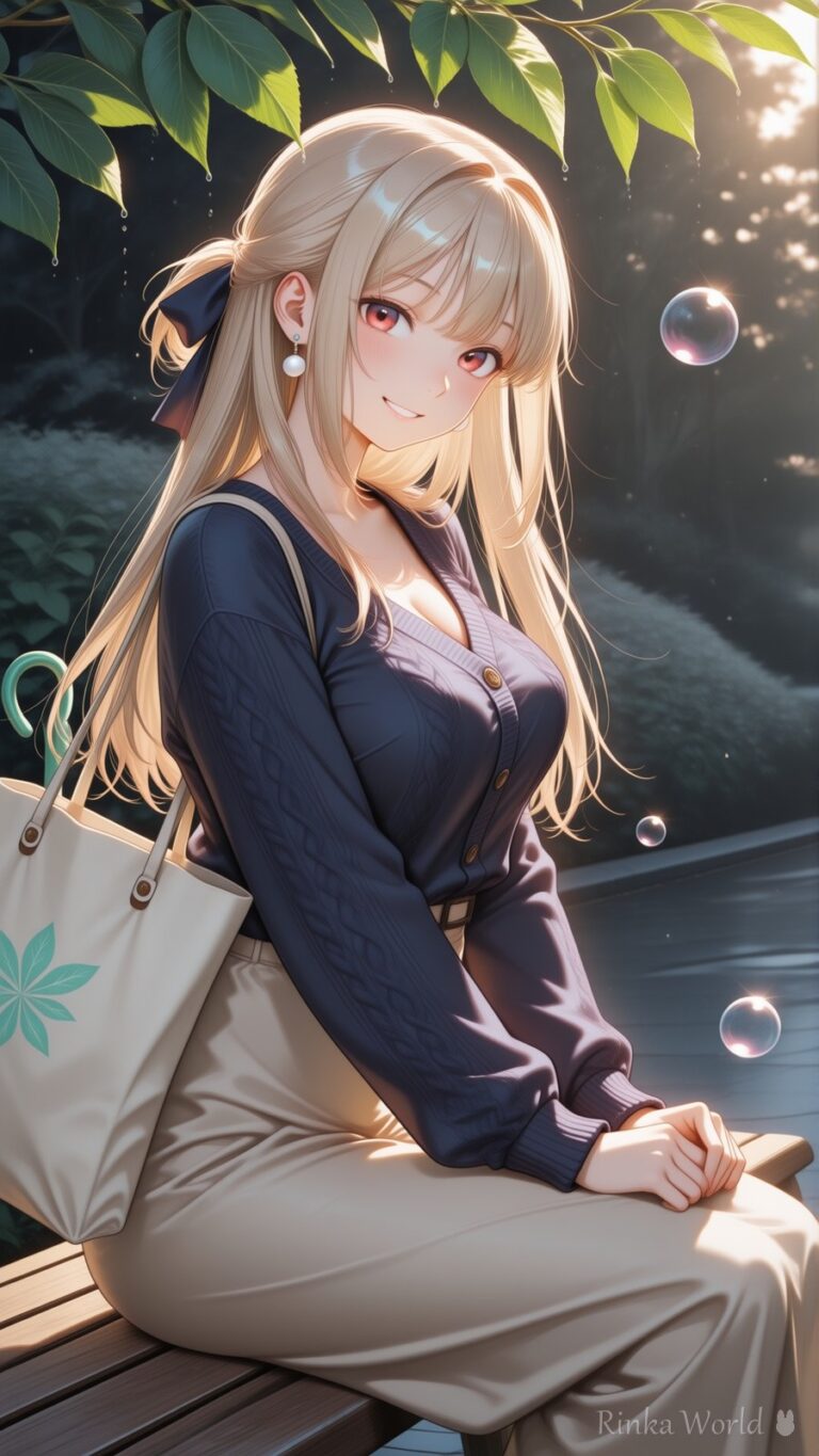anime girl in navy knit cardigan sitting on a park bench, soap bubbles, dappled sunlight, aesthetic anime illustration